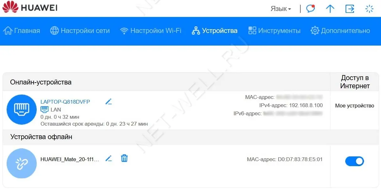 Список подключенных устройств к роутеру