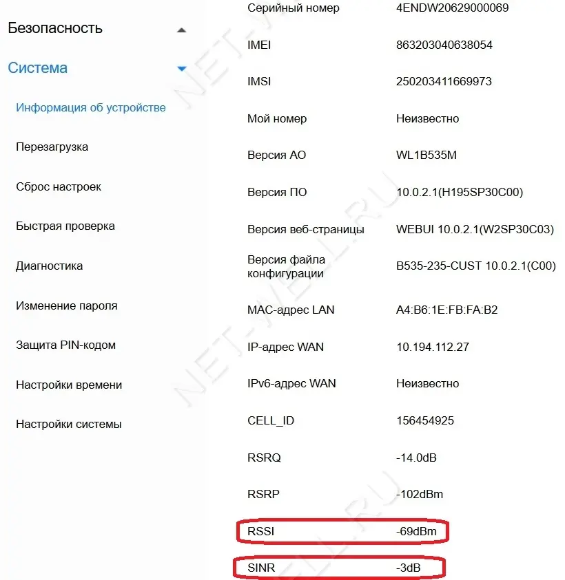 Уровень сигнала RSSI и шумов SINR