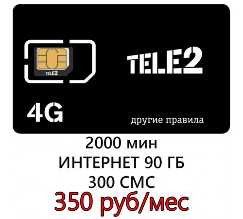 Сим карта Теле2 350 р/м- 2000 мин, 300 СМС, 90 ГБ. Сим карта Теле2 350 р/м- 2000 мин, 300 СМС, 90 ГБ.